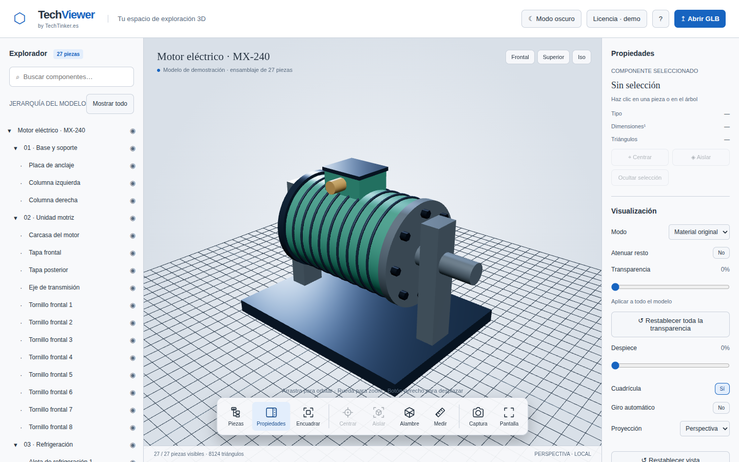 Interfaz real de TechViewer con un ensamblaje de motor eléctrico en 3D